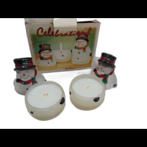 Celebrations set of 2  Snowman candles Votives  Frosted Glass w/ Cover  Unused